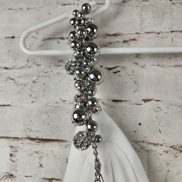 AREA Grape Cluster Dress in White Sleeveless Beaded Straps Medium Mini Deep V - Picture 9 of 14